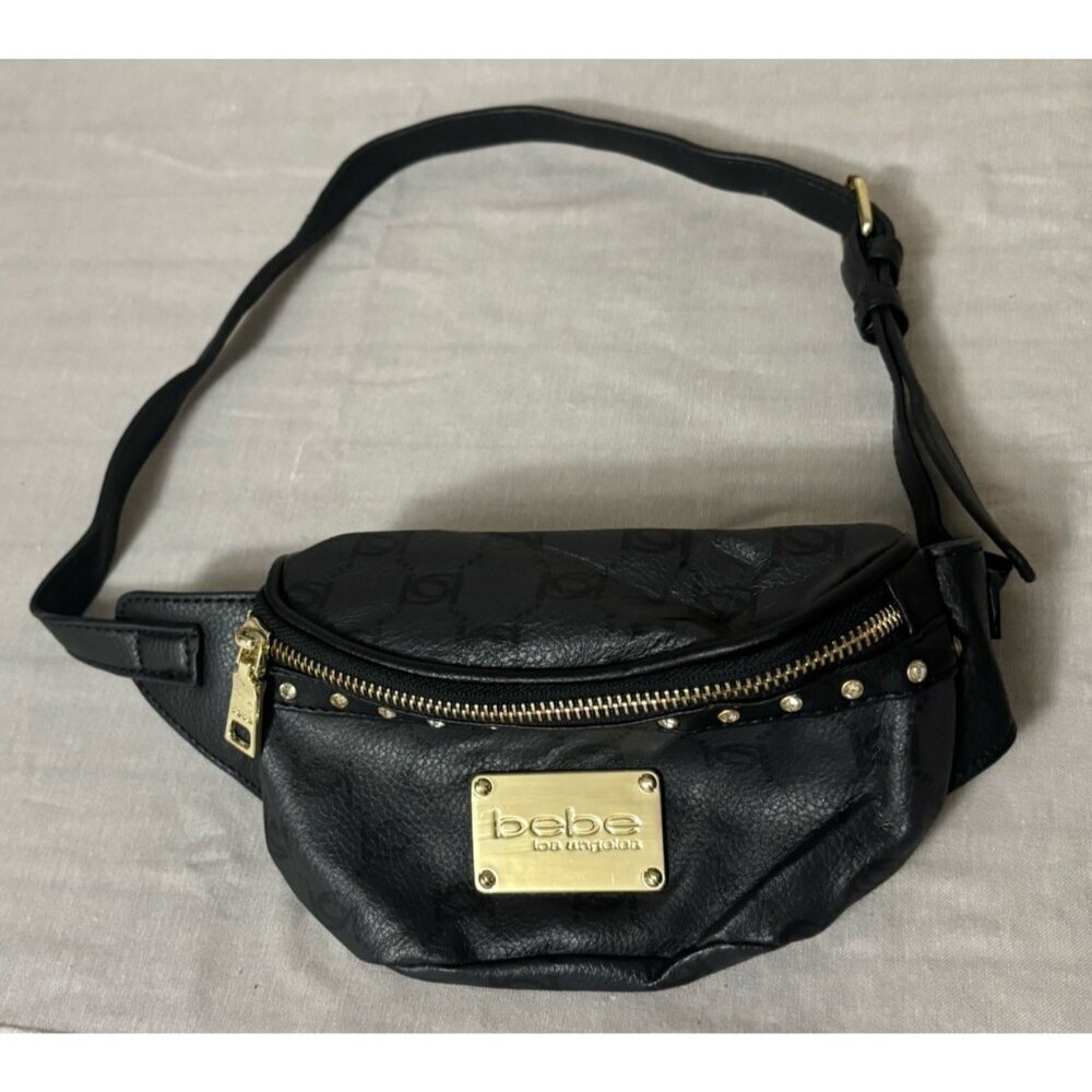 Bebe Fanny Pack Purse With With Bling Faux Leather Black Crossbody‎ Small